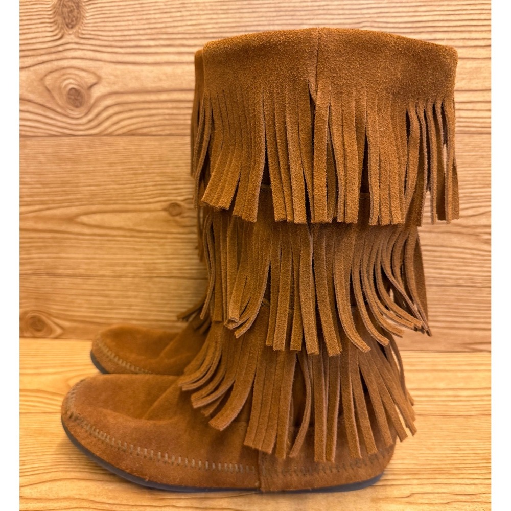 Minnetonka Women's Brown Suede Leather Fringe Knee High Moccasin Boots Sz 10 - Picture 2 of 11